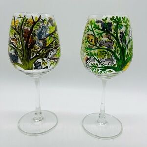 Hand painted Cat and Birds in Tree Wine Glasses